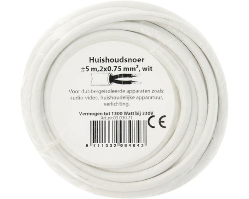 Witte huishoudkabel ongeveer 5 meter lang met 2x0,75 millimeterkwadraat
