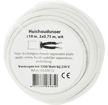 Wit huishoudsnoer, circa tien meter lang, 2x0,75 meter