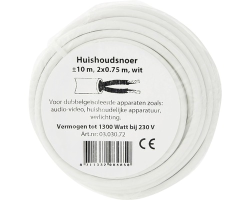 Wit huishoudsnoer, circa tien meter lang, 2x0,75 meter