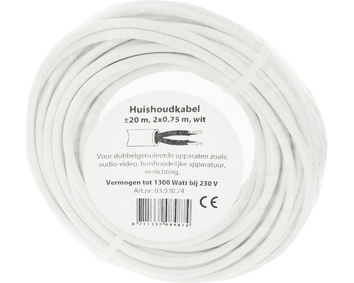 Witte huishoudkabel, circa 20 meter lang, doorsnede 2x0,75 millimeter