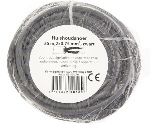 Zwarte huishoudkabelrol, 5 meter, 2x0,75 mm²