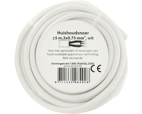Wit huishoudsnoer, 5 meter, 3x0,75 mm²