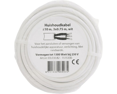 Witte huishoudkabel, circa 10 meter, 3 x 0,75 millimeter
