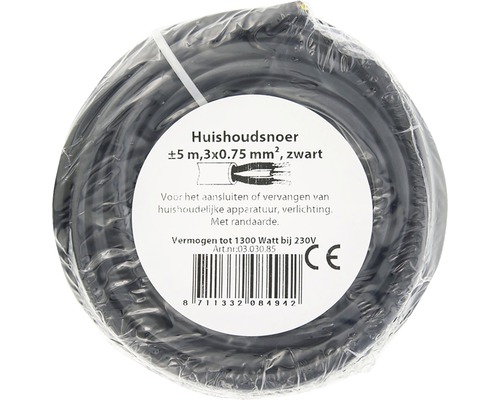 Zwarte huishoudelijke kabel, circa 5 meter lang met 3x0,75 mm² doorsnede