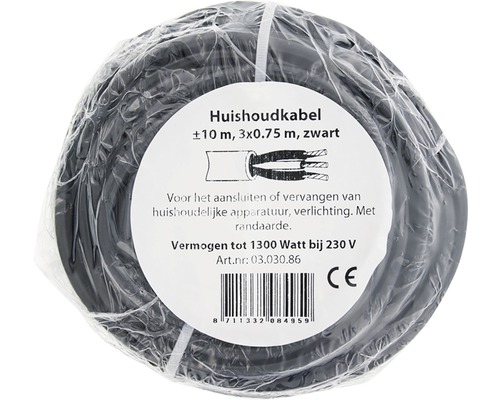 Zwarte huishoudkabel, ongeveer 10 meter lang en 3 x 0,75 millimeter dik