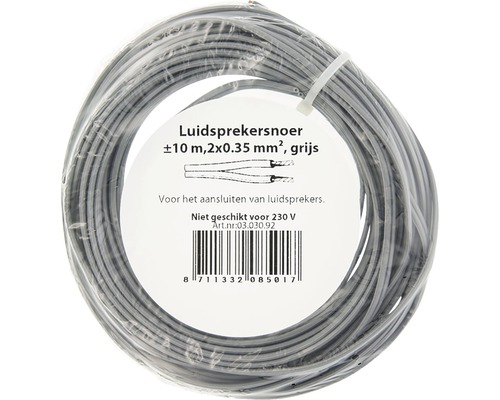 Grijze luidsprekerkabel van circa 10 meter met een doorsnede van 2x0,35 mm²