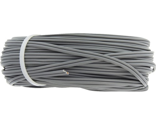 Grijze beldraad set, opgerold en vastgezet met een kabelbinder.