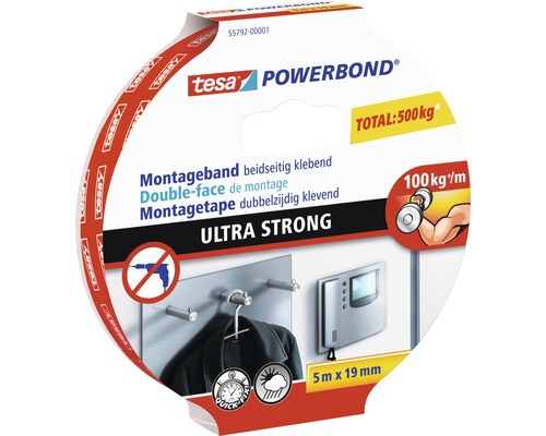 TESA Powerbond montagetape dubbelzijdig klevend ultra strong wit 5 m x 19 mm