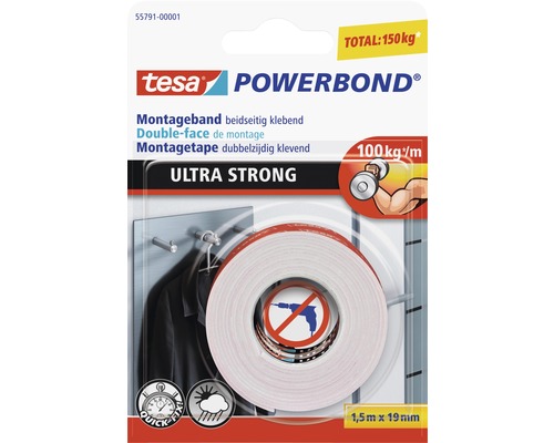 TESA Powerbond montagetape dubbelzijdig klevend ultra strong wit 1,5 m x 19 mm