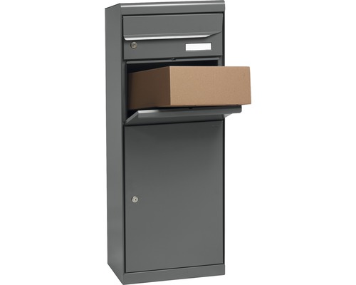 Grijze pakketbrievenbus met open klep en pakket