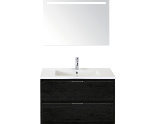 SANOX Badkamermeubelset Porto met LED lichtspiegel en wastafel 91 cm black oak Wastafelcombinatie met spiegel en twee laden
