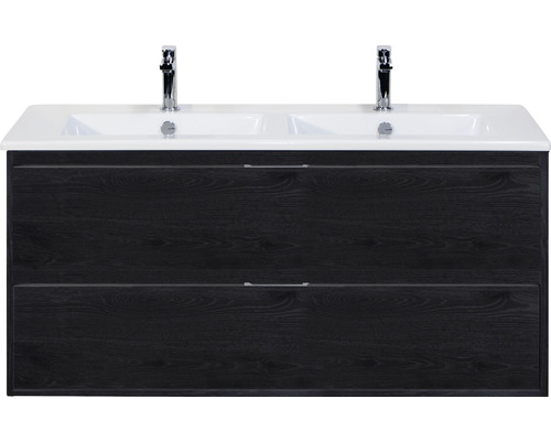 SANOX Badkamermeubelset Porto met dubbele keramische wastafel 121 cm black oak Wastafelonderkast met twee wastafels en twee laden