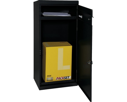 Geopende pakketbrievenbus met pakket en brieven