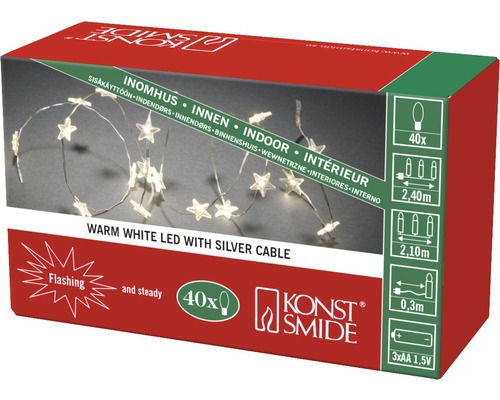 Verpakking van een warm witte LED-lichtslinger met zilverkleurige kabel voor gebruik binnenshuis