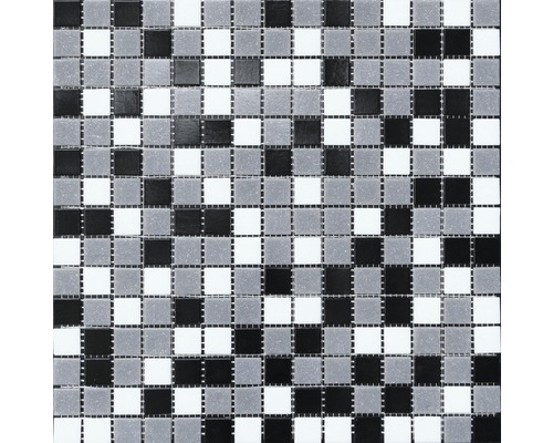 Glasmozaïek mix wit/grijs/zwart 30,5x32,5 cm Mozaïektegel met klein vierkant patroon in zwart en wit