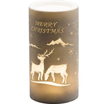 Decoratieve LED kaars met kerstmotief en het opschrift ''Merry Christmas''.