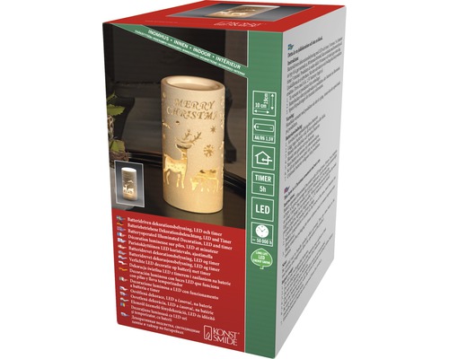 Verpakking van een batterijgevoede leddecoratie met timerfunctie en Merry Christmas-opschrift