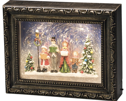 Decoratieve kerstafbeelding met familie, kerstboom en lantaarnpaal in een fotolijst