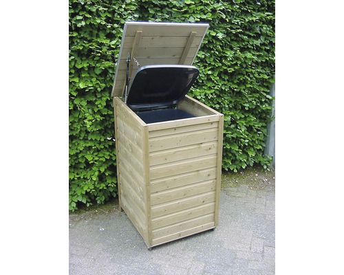 Houten afvalcontainer met open deksel