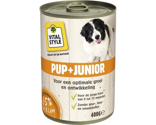 VITALSTYLE Hondenvoer PUP + JUNIOR natvoer blik 400 gr Hondenvoer in blik voor pups en jonge honden