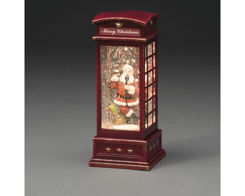 Decoratieve sneeuwbol in de vorm van een telefooncel met kerstmanmotief