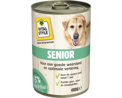 VITALSTYLE Hondenvoer SENIOR natvoer blik 400 gr Vital Style Senior hondenvoer in blik van 400 gram