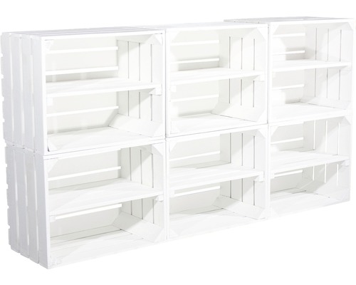 Rek bestaande uit zes houten kisten met elk twee vakken