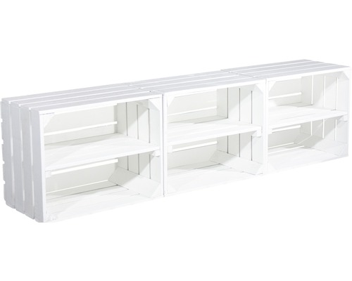 Drie witte houten kisten met planken