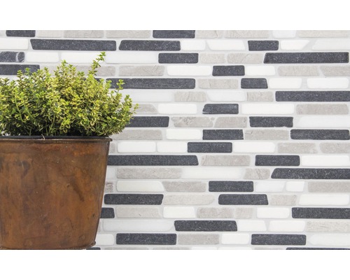 Muur van mozaïektegels met plant in pot