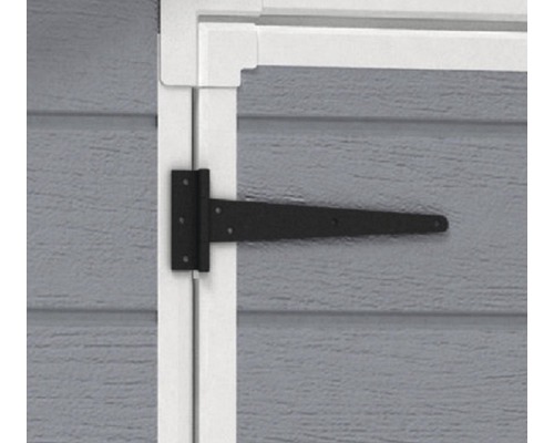 Zwart T-scharnier bevestigd aan een houten deur