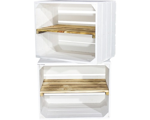 Twee witte houten kisten met legplanken gestapeld