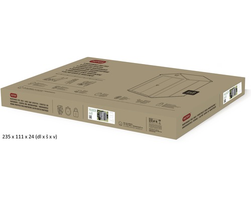 Verpakking van de Nartur Manor gereedschapsschuur met afmetingen 235 x 111 x 24 centimeter