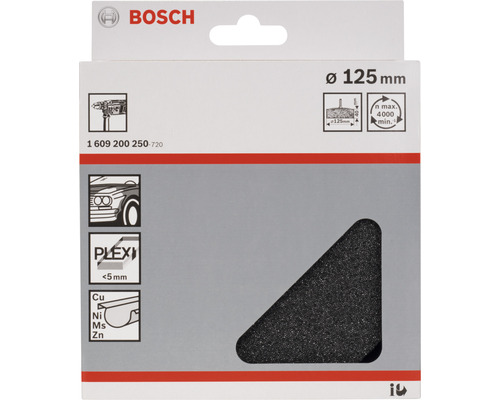 Bosch logo. Polijstspons met een diameter van 125 millimeter. Geschikt voor autolakken, plexiglas en metalen.