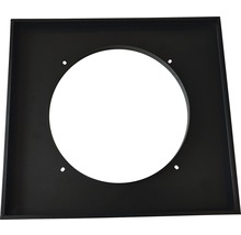 Vierkante metalen plaat met ronde uitsparing en bevestigingsgaten.