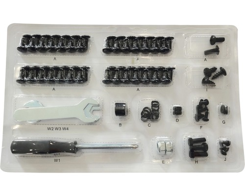 Assortimentsdoos met schroeven, moeren, ringen, moersleutel en schroevendraaier