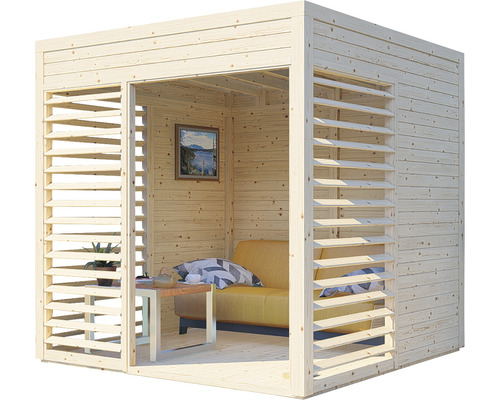 Houten tuinhuis met lamellenwanden, bank en tafel