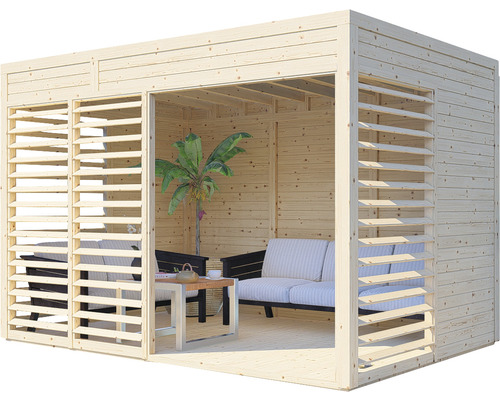 Houten paviljoen met lamellenwanden en loungemeubilair