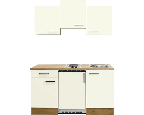 Inbouwkeuken met spoelbak, kookplaat, koelkast en bovenkasten