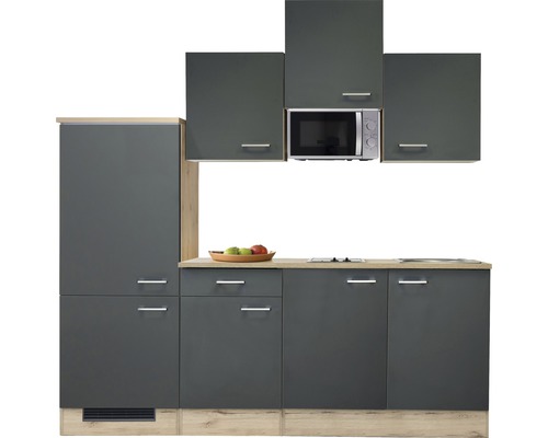 Grijze keuken met hangkasten en magnetron