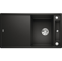 Bovenaanzicht van een zwarte gootsteen met afdruiprek