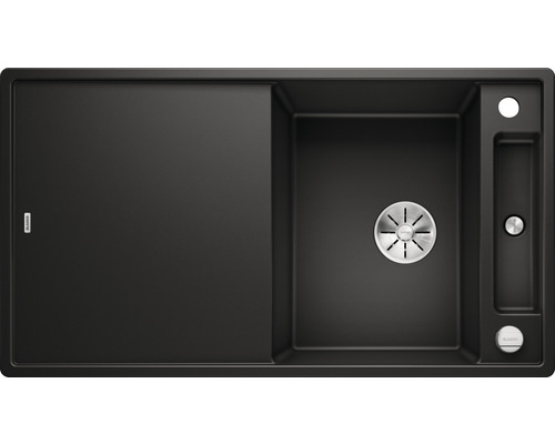 Bovenaanzicht van een zwarte gootsteen met afdruiprek