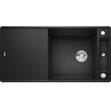 Bovenaanzicht van een zwarte gootsteen met afdruiprek