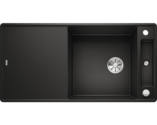 Bovenaanzicht van een zwarte gootsteen met afdruiprek