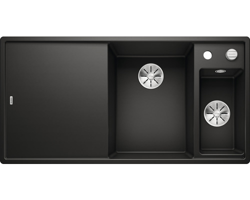 Zwarte spoelbak met afdruiprek en twee wasbakken