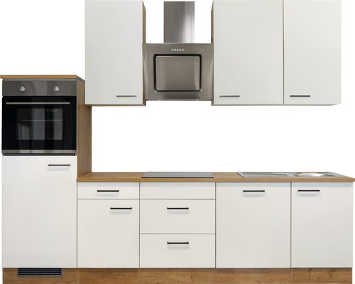 Moderne inbouwkeuken met witte kasten, afzuigkap en oven