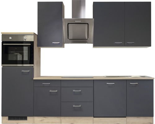 Complete keukenunit met bovenkasten, spoelbak, kookplaat en afzuigkap.