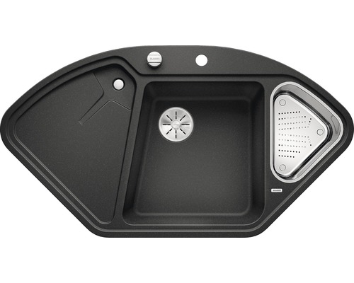 Hoekspoelbak van graniet met afdruiprek en zeef