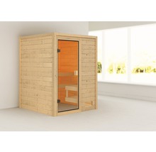 Houten sauna met glazen deur en zitbanken