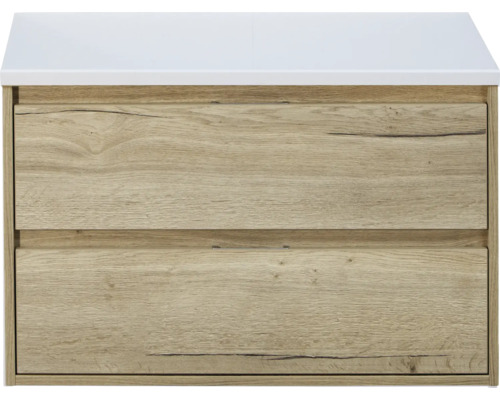 SANOX Badkamermeubelset Porto met wastafelblad 58x90,2x50 cm natuur eiken Wastafelonderkast met twee lades en een wit blad