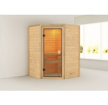 Hoeksauna met glazen deur en interieur in lichte kamer